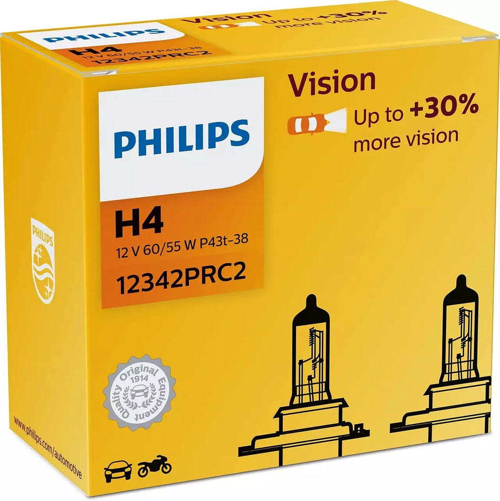 H4 12V 60/55W P43t Vision +30% 2 unidades Philips